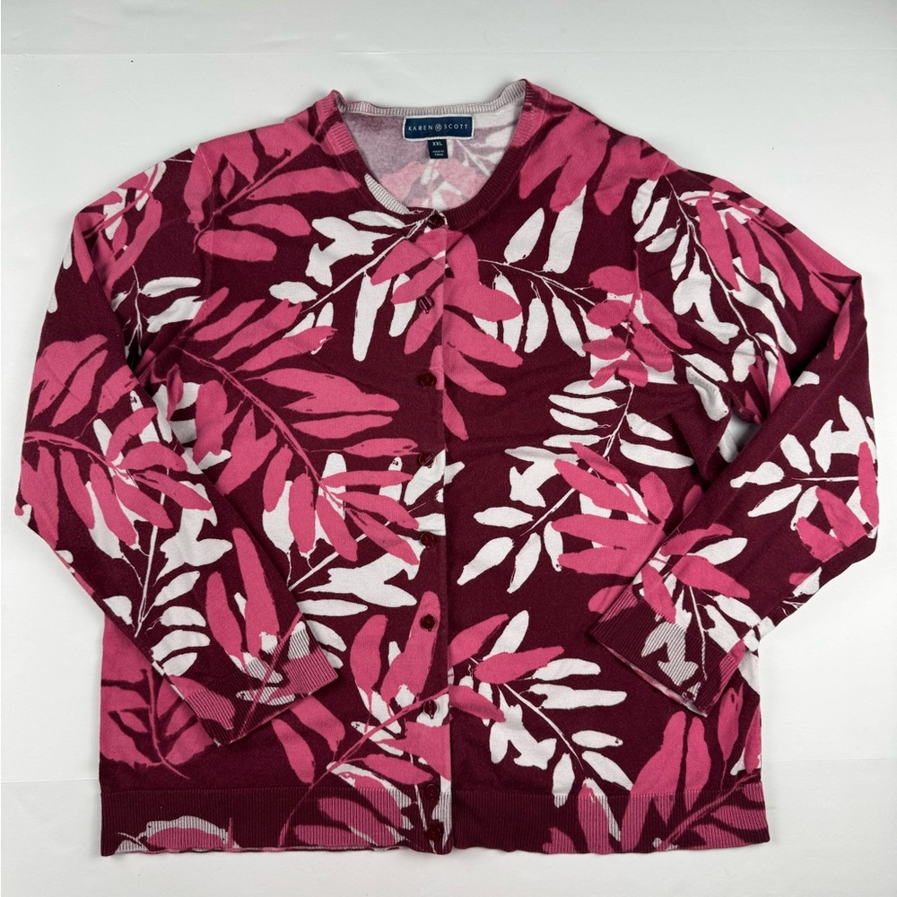 Karen Scott Pink and white Leaf long sleeve Cardigan size xxl